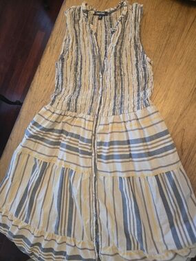 Laurel Grey Yellow, Blue & White Striped Long Sleeveless Dress